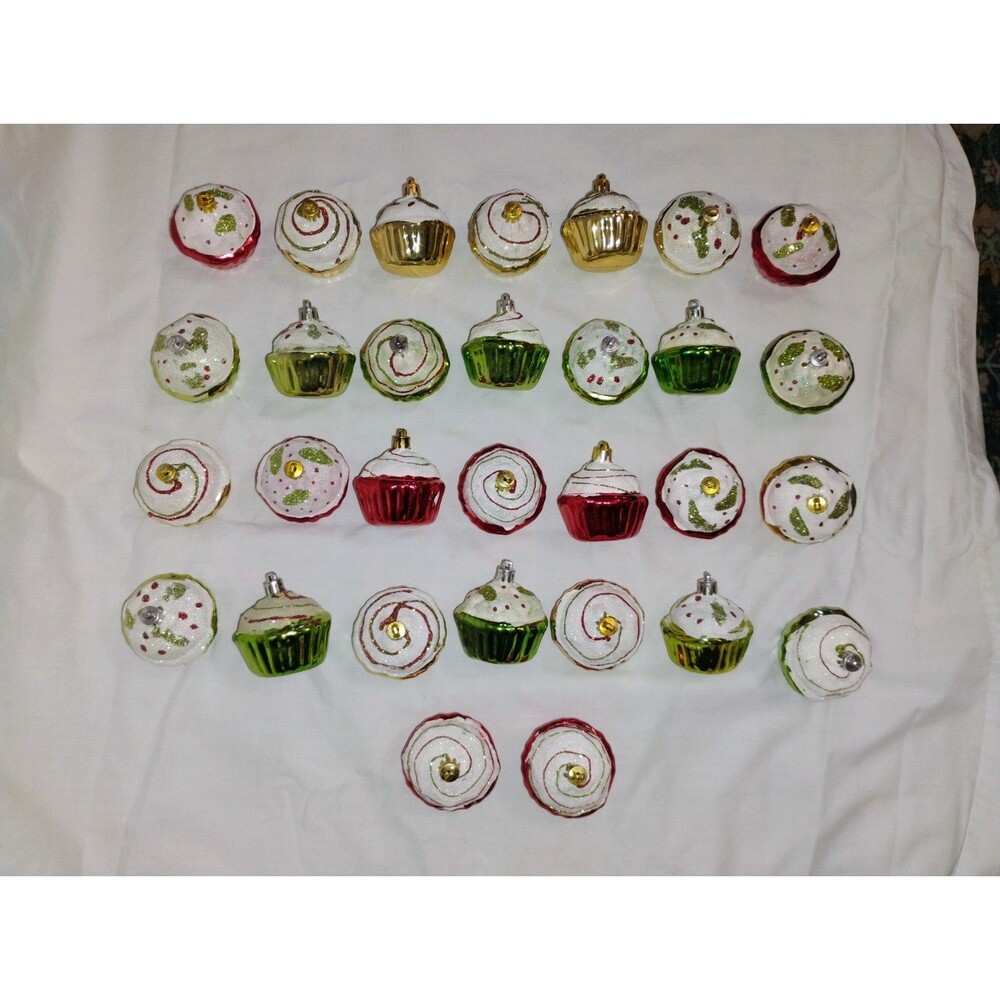 Lot Of 30 Vintage Cupcake Ornaments Christmas Green Red Gold Glitter